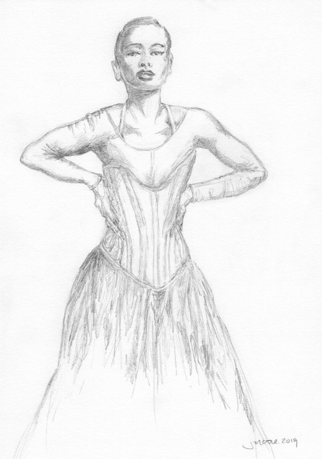 Pencil sketch from a photo taken by Mario Sorrenti depicting Hailey Bieber in a Dior ensemble.